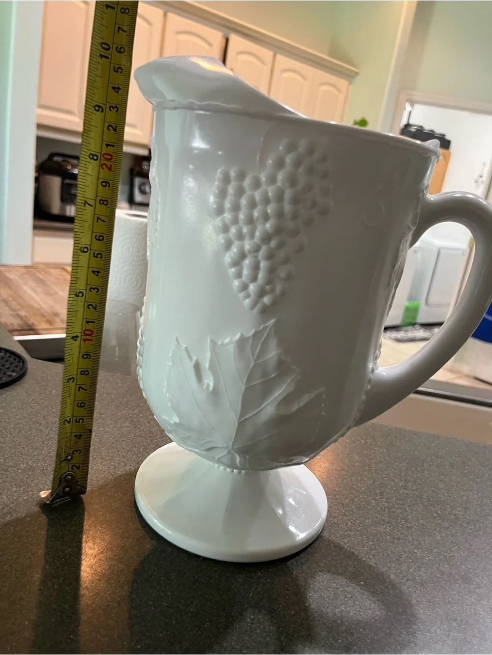 Milk glass White Embossed Grape Pedestal Pitcher - Classic Ceramic